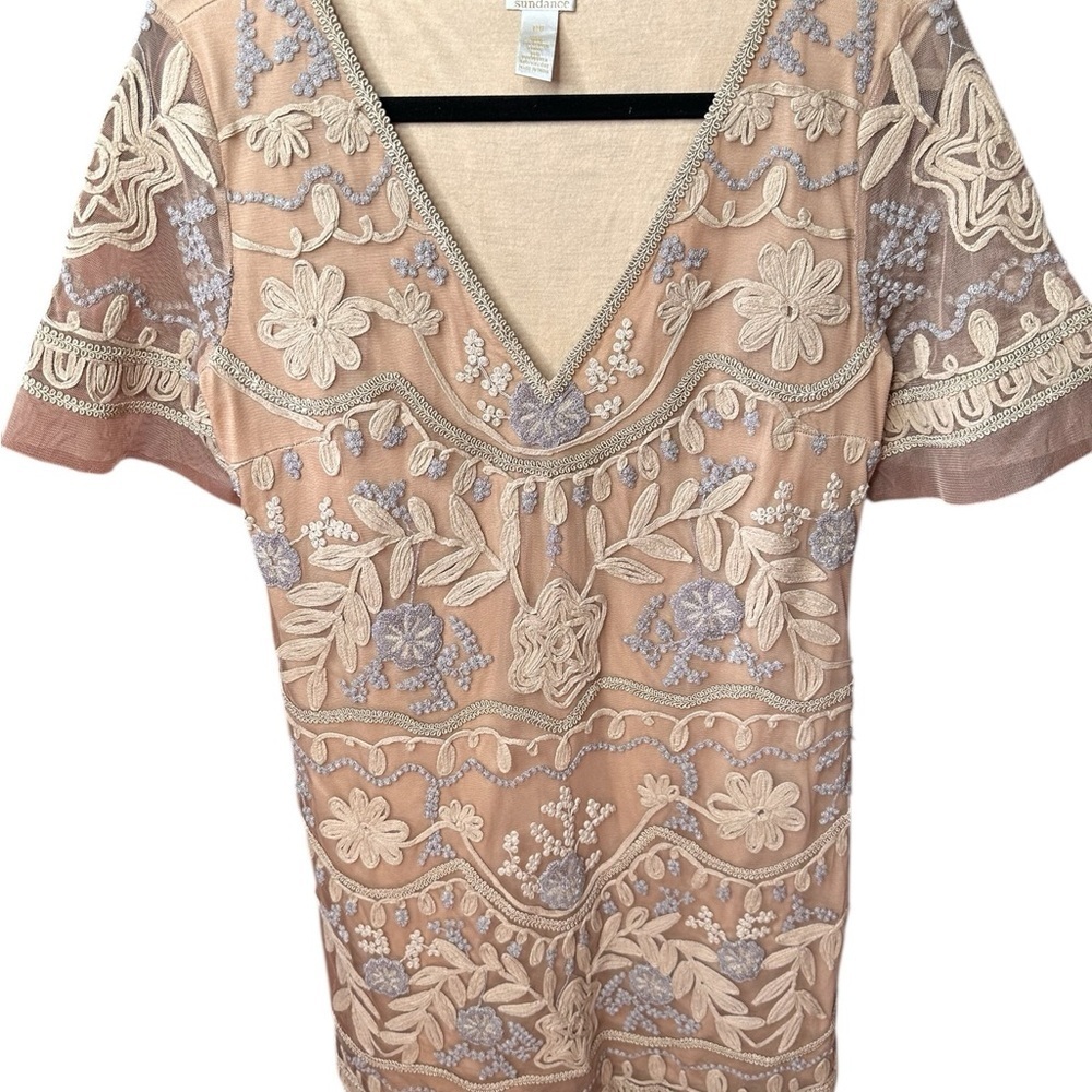 Sundance Tan and Grey Floral Embroidered Short Sleeve Dress